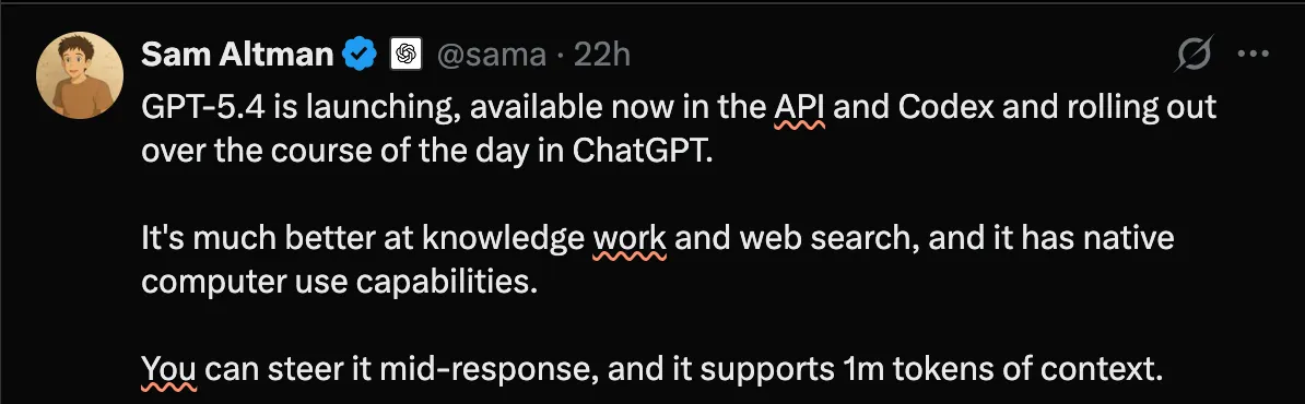 Sam Altman tweets: GPT-5.4 is officially released, now available in API and Codex